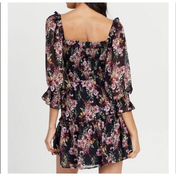 Altar'd State Women's M Black Floral Smocked Tiered Mini Dress Puff Sleeves - Picture 2 of 7